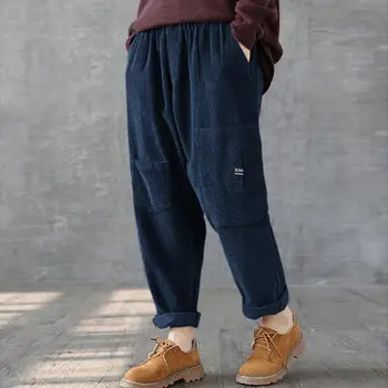 

Elastic Waist Fashion Lady Corduroy Pants Autumn Winter Multi-Pocket Pants Stretch Waistline Large Size Trousers H1