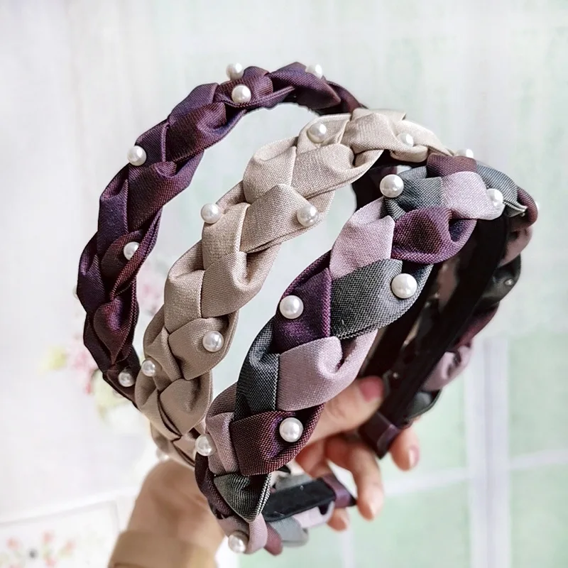 

Handmade Braiding Headband For Women Contrast Color Patchwork Wide Hair Hoop Imitation Pearl Beaded Decor Headpiece Accessories