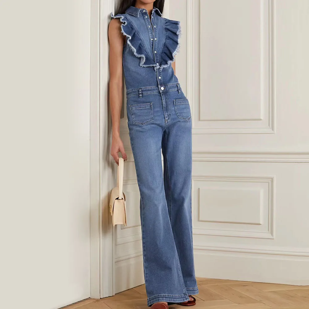 

Summer Women Blue Denim Jumpsuit Blue Solid Fit Jeans Street Wear Casual Slim Rompers Falbala Bellbottoms Fall Jumpsuits Office