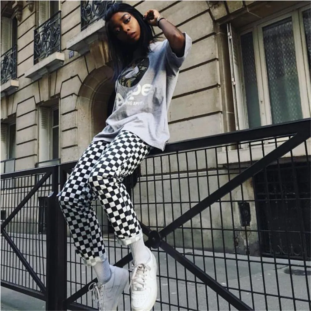 Tide Vogue шахматные штаны на молнии унисекс повседневные узкие брюки Harajuku женские узкие клетчатые брюки