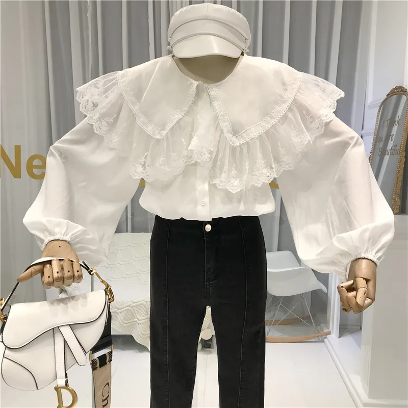 Стиль Лолита Питер Пэн воротник женские рубашки с длинными рукавами Blusas Femininas фонарь рукав Твердые Женские топы и блузки