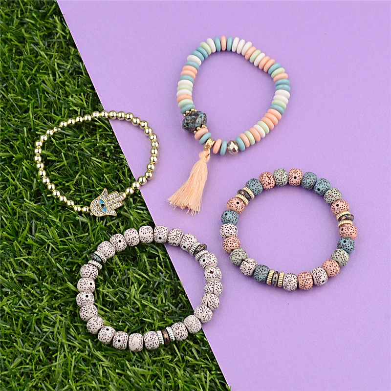 Vintage Bohemian Charm Bracelet Set with Natural Stone Beads and Tassel Pendants - 4 Pieces
