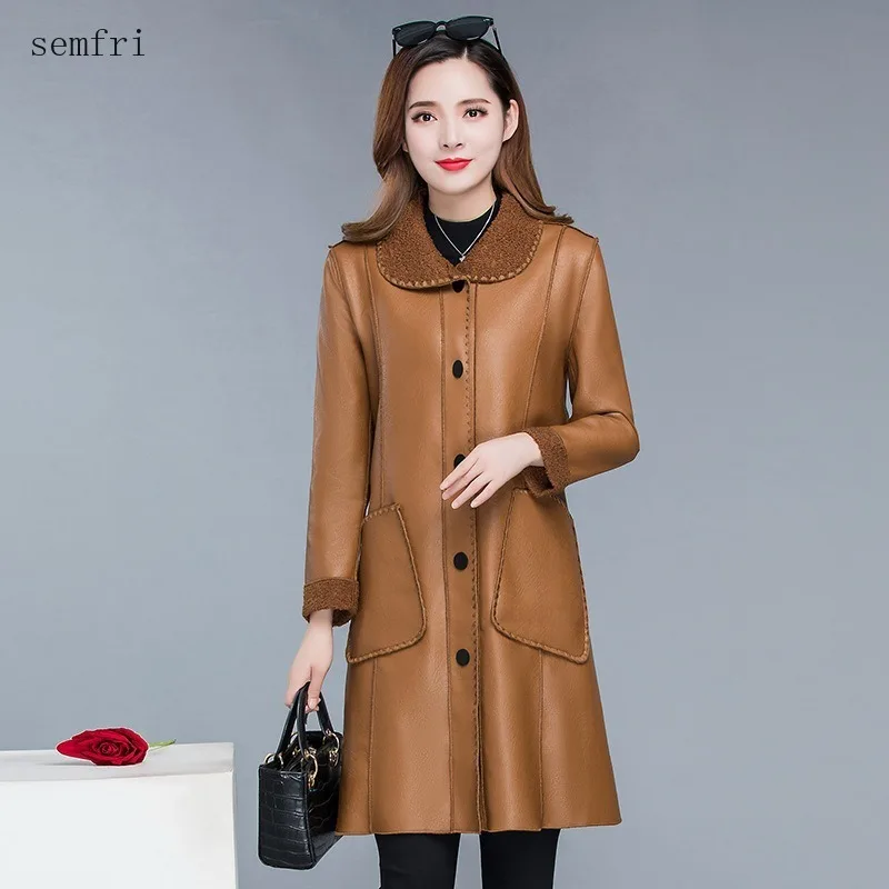 

Semfri PU Leather Jacket Women OL Long Oversized Coat 2020 Spring Winter Korean Version Outwear Lady Trend Lapel Slim Jacket