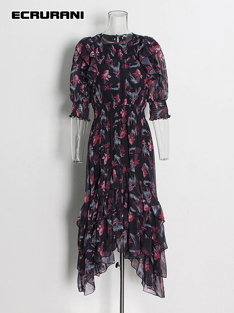 ECRURANI Floral Print Midi Dress For Women Round Neck Long Puff Short Sleeve Gathered Waist Colorblock A Line Dresses Female New