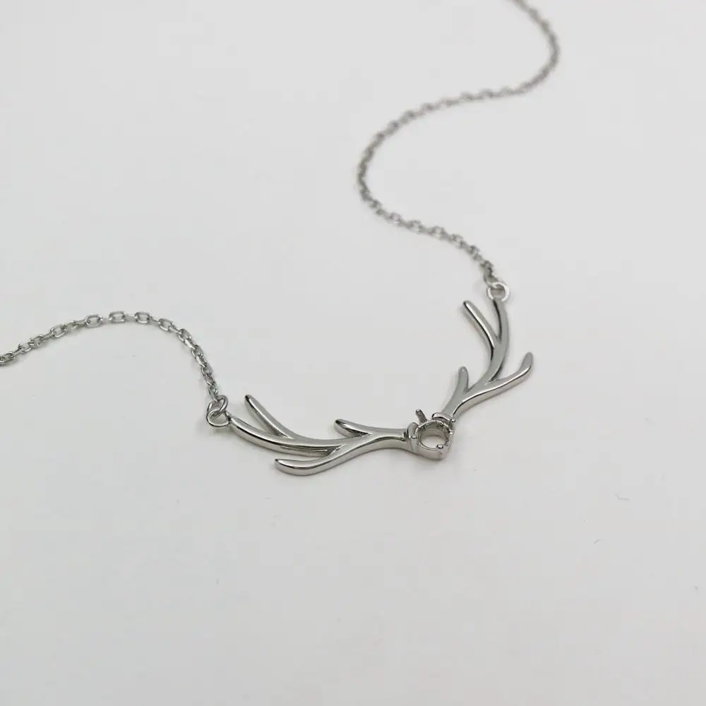 

4MM Solid 925 Sterling Silver Deer Horn Round 4 Prongs Gemstone Prong Bezel Settings DIY Pendant 16''+2'' 1411242