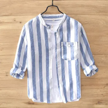 

2020 summer men's Navy Stripe 100% LINEN SHIRT stand collar middle sleeve linen leisure shirt men's Beach Sun suit tops