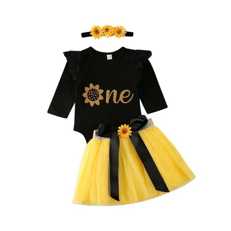 3Pcs Baby Girl One 1st Birthday Outfits Floral Romper Tulle Tutu Skirt Set Party Dress Clothes 