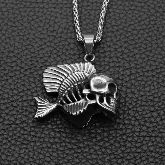 STAINLESS STEEL DOUBLE SIDED SKULL FISH NECKLACE