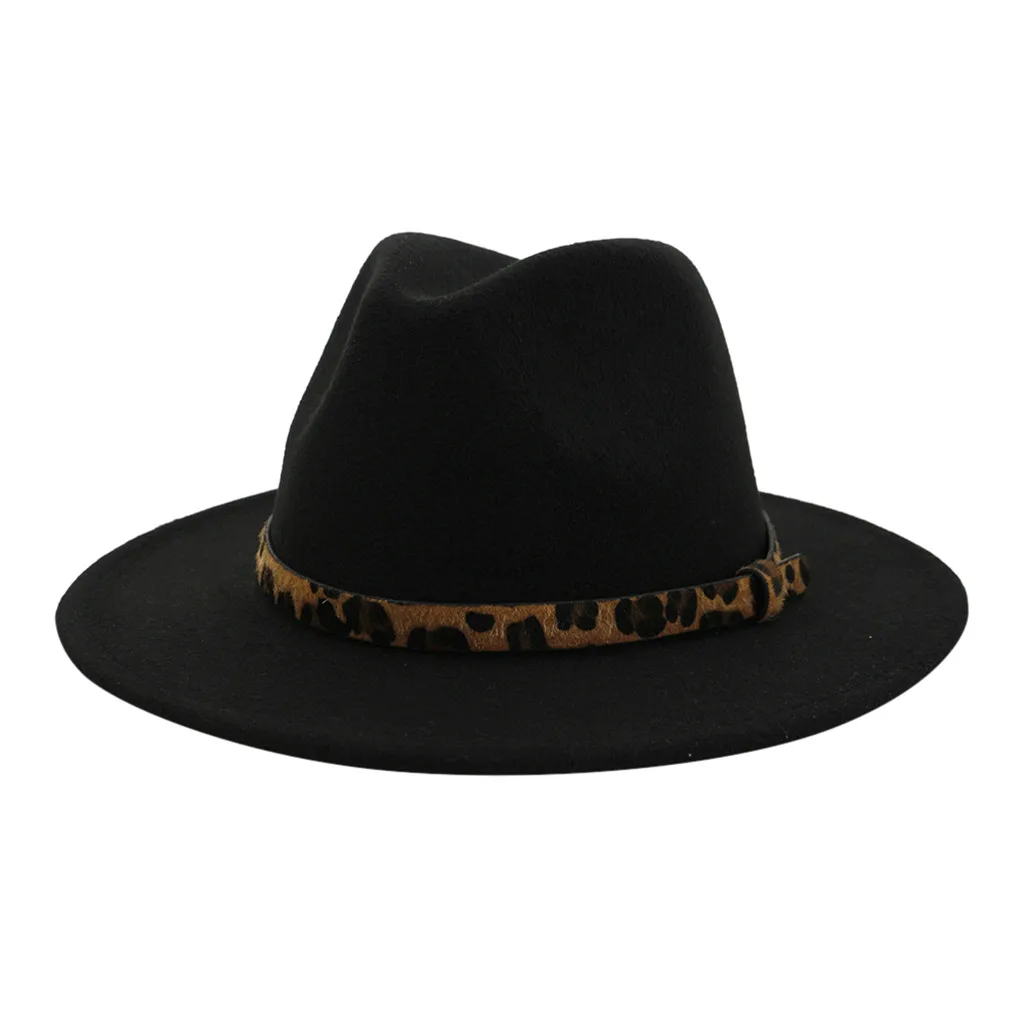 Мужская и женская винтажная шляпа-федора, леопардовые широкие шапки с пряжкой на ремне, регулируемые шляпы, новинка, женская и мужская шляпа унисекс - Цвет: Черный