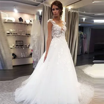 

Sheer Cap Shoulder Lace Appliques Wedding Dress Buttons Back Long Tulle Bride Wedding Wear 2021 Natural Bridal Gown