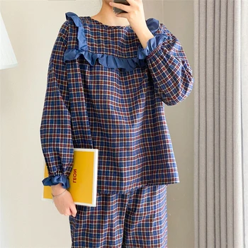 

Alien Kitty Cotton Pajamas Plaid Loose Casual Women Sets Autumn Winter Two Piece Long Sleeve O-Neck 2020 Ladies Home Clothes