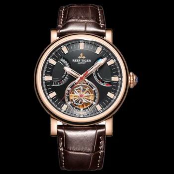 

Reef Tiger/RT Brand Automatic Watch Men Solid Steel Black Leather Strap Waterproof Watches Clock Men Relogio Masculino RGA1950