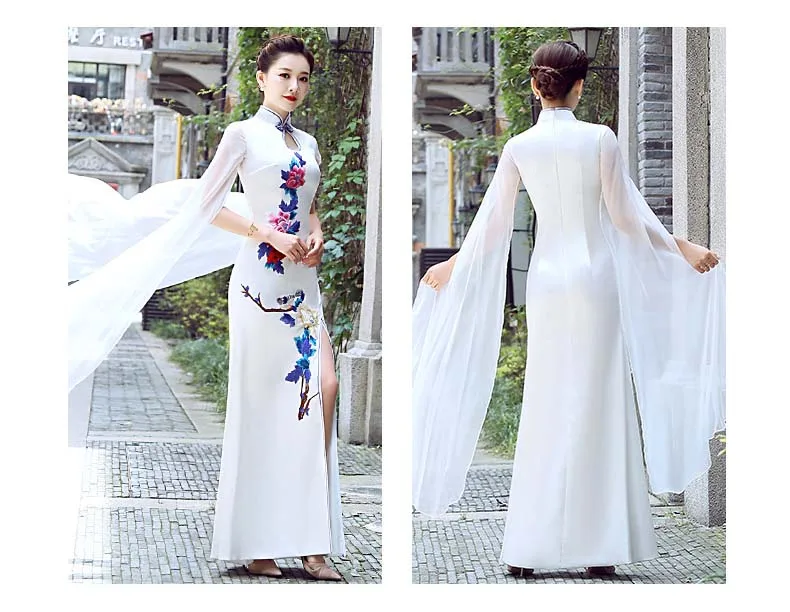 Китайское традиционное Cheongsam женское тонкое сценическое подиумное платье с рукавами для выступлений Qipao женское платье XL длинное платье-чонсам