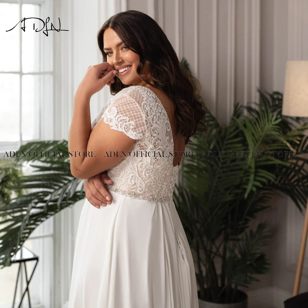 Elegant Chiffon Plus Size Wedding Dress Customized V-neck Short Sleeves Beaded Bridal Gown with Lace-up Back Robe de Mariage 6