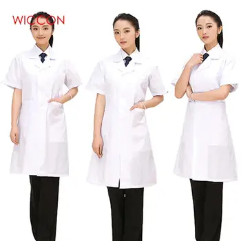 

WICCON 2020 New Lady White Short Sleeve Lab Coat Cotton Doctors Scientist Women Nurse Uniform Dress Costume Medical Clothing