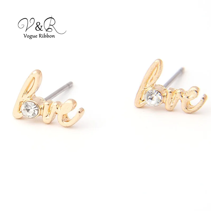 3 pairs a set stud earring, imitation gold plated, 1 pair gold color ball stud, 1 pair love letter with rhinestone, 1 pair metal (5)
