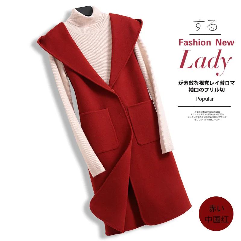 

Women's Vest 2019 New Hooded 100% Pure Wool Coat Vest Female Was Thin Handmade Wool Coat Black Vest Women's Sleeveless Jacket