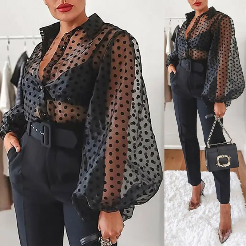 UK Womens Polka Dot Sheer Mesh See Through Tops Cocktail Party Club Shirt Blouse