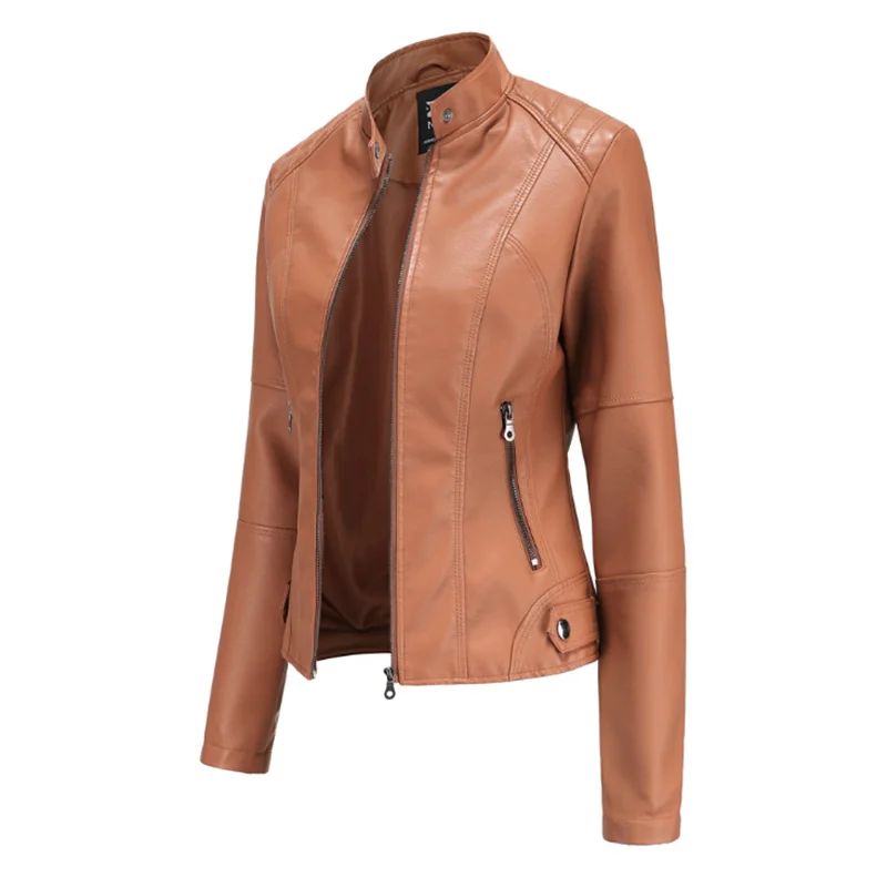 New Spring Women's Leather Slim Fit Jacket Thin PU Jacket Ladies Motorcycle Wear Large Size Stand-up Collar Leather Jacket