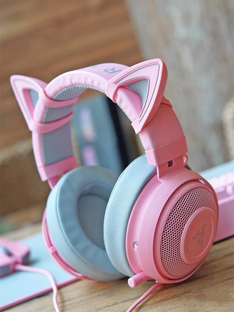 Authentic razer kraken rosa quartzo gato orelhas de jogo fone de ouvido