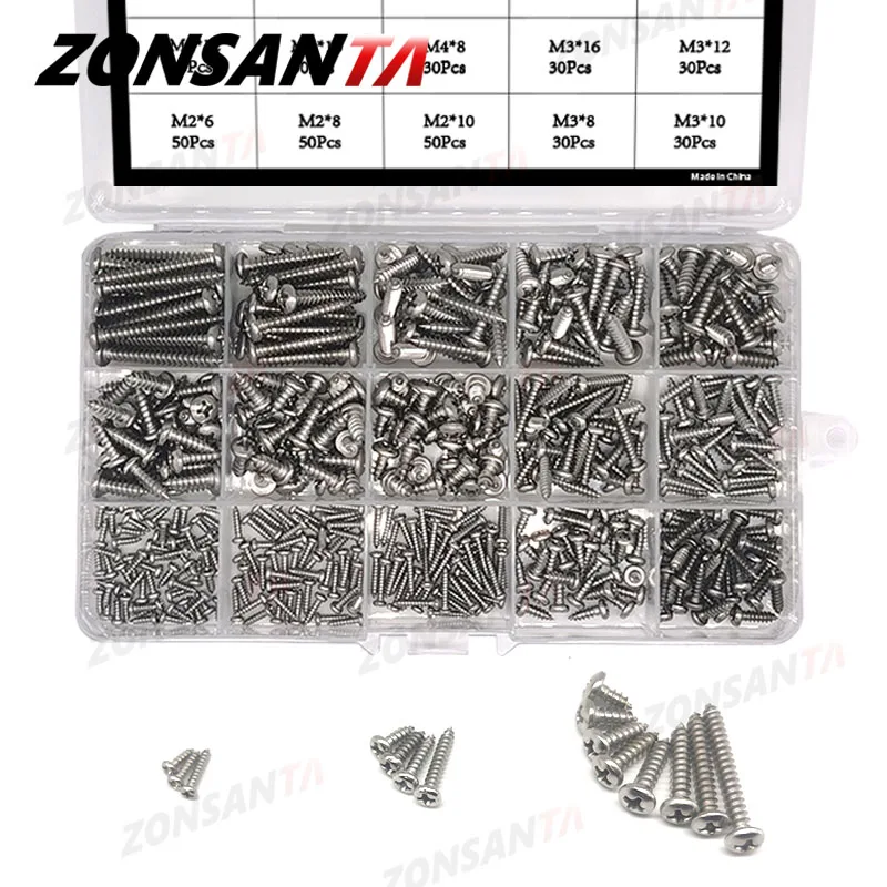 ZONSANTA 460Pcs M2 M3 M4 Phillips Round Head Self tapping Screw Set Stainless steel Pan Head Wood Screws Assortment Kit