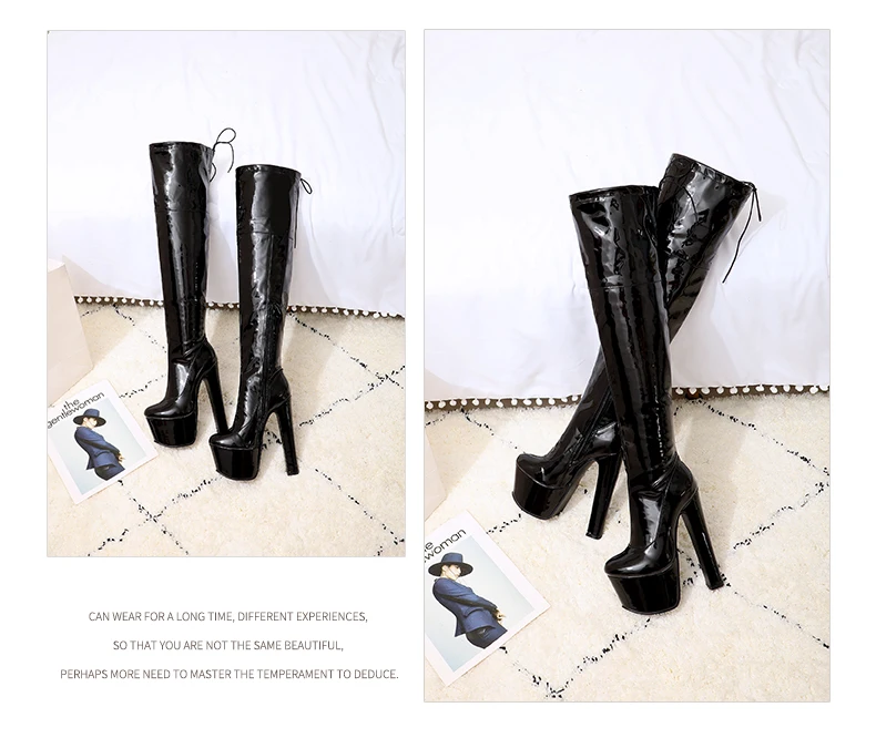Oversized Ultra-High Thick-Heeled Patent Leather Women's Over-The-Knee Boots Waterproof Platform Flock Long-Tube Elastic Boots