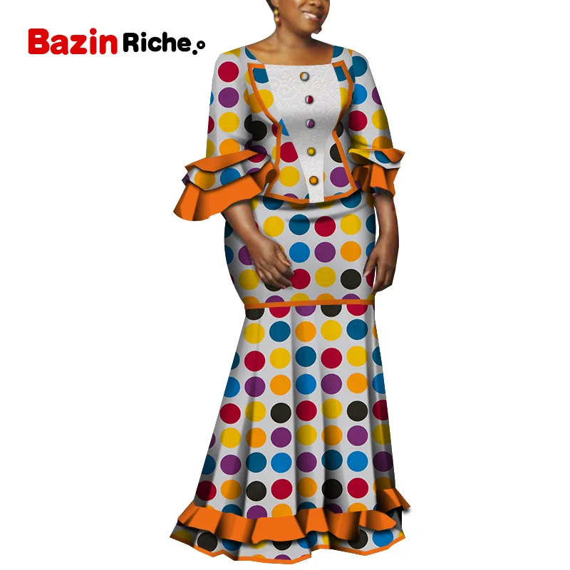 

African Printed Skirt Suit for Party WeddingTraditional Clothing Top Blouse+Long Pencil Skirt Bazin 2pcs Clothes Sets WY5240