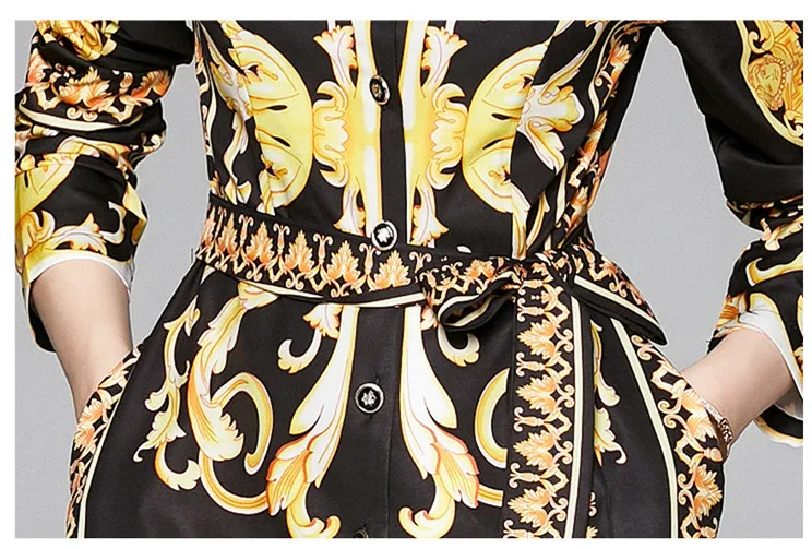 Модный дизайнерский Тренч с золотым принтом, Осеннее женское однобортное пальто с поясом и карманами, элегантный кардиган, пальто, верхняя одежда