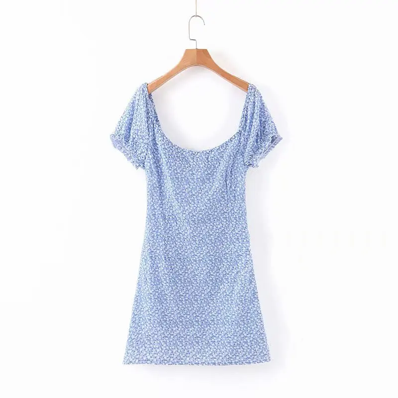 Holiday Center Bow Summer Vintage Blue Floral Print Beach Slim women mini dress vestidos dropshipping clothes vintage brandy na