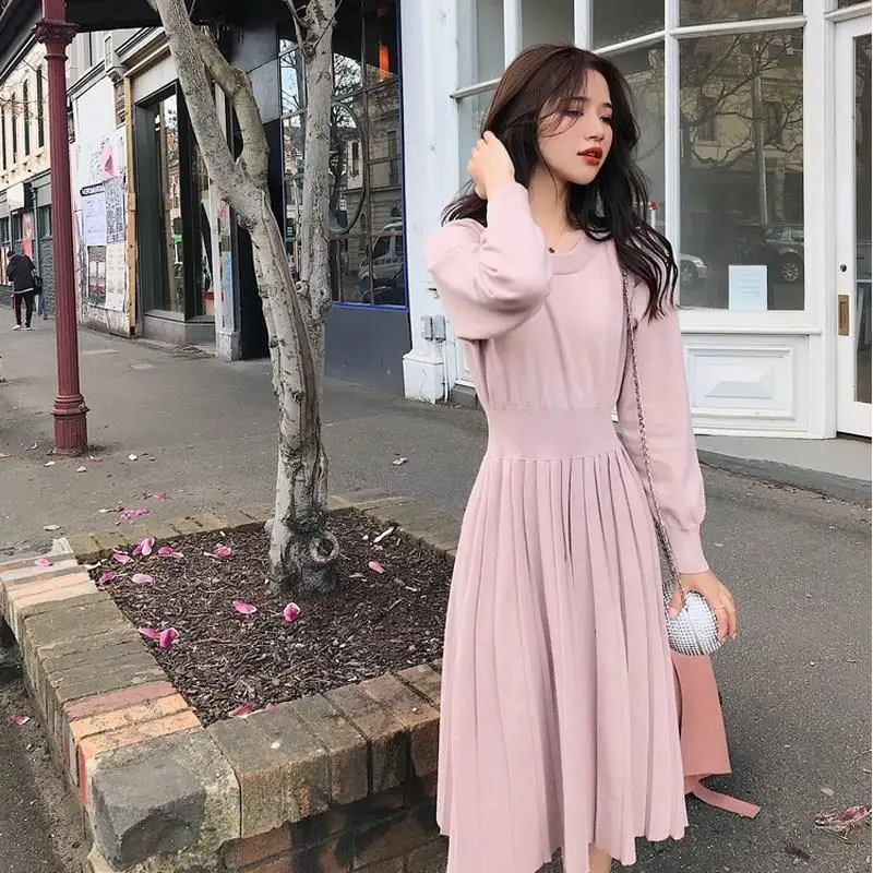 

2019 Autumn Winter Elastic Stretch Sweater Dresses Elegant Long Sleeve A-Line Dress Female O-Neck Solid Knitted Dress