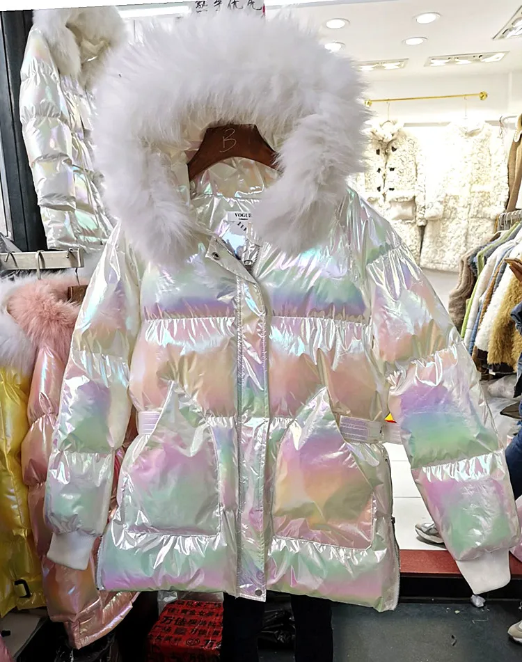 Зимняя парка, новинка, воротник из натурального меха, пуховик, женская, средней длины, цветная, глянцевая, толстая, с капюшоном, с поясом, хлопковая куртка, пальто