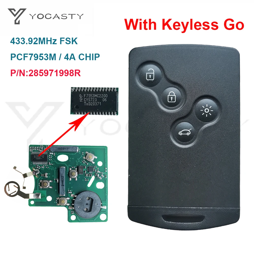 Умный ключ yocсти 285971998R без ключа PCF7953M 4A чип 433 МГц для 2009 2010 2011 2012 2013 2014 2015 2017 Renault Clio