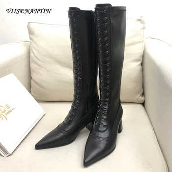

Autumn Winter New Style Pointed Toe Thick Heel Knee-high Knight Fashion Women's Boots Trend Cross Strap Handmade Fashion Boots