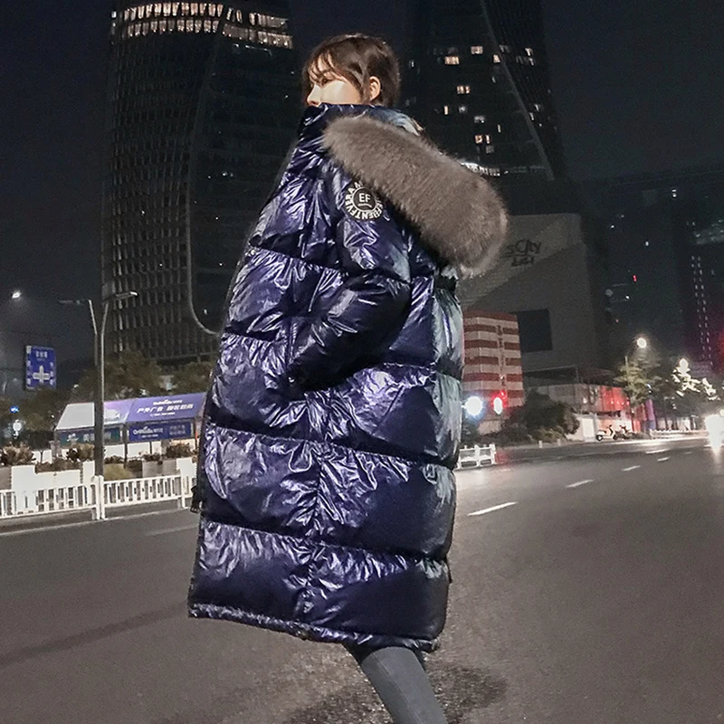 

Long White Duck Down Coats Female Winter New Warm Bright face Down Jacket Coat Womens Big Fur Collar Hooded Down Overcoat Jacket