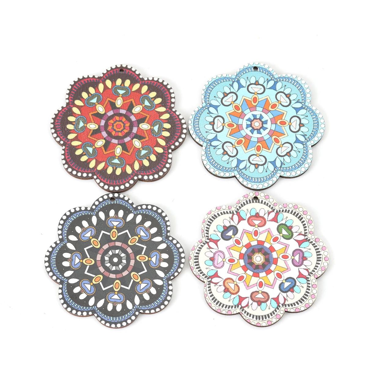 10 PCs Colorful Wood Pendants Flower Shape Multicolor Natural Wooden