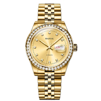 

HAZEAL automatic men watches luxury mechanical self wind wrist gold watch steel band dress reloj hombre dual calendar wristwatch