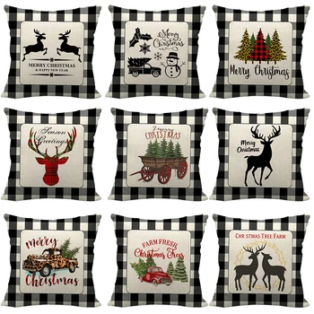 

45*45cm Englandstyle Black Grid Retro Merry Christmas Elk Printing Pillow Case Xmas Sofe Decoration Polyester Pillowcase