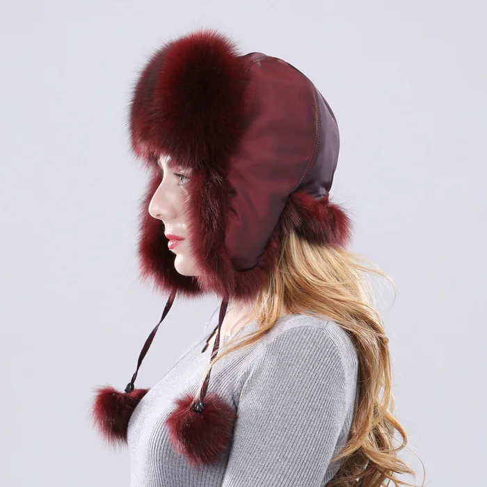 Hot Sale Genuine Fox Fur Hat Russian Women Real Fur Caps Bomber Hats 100%Natural Fox Fur Caps Fashion Fur Hat Retail wholesale - Цвет: wine