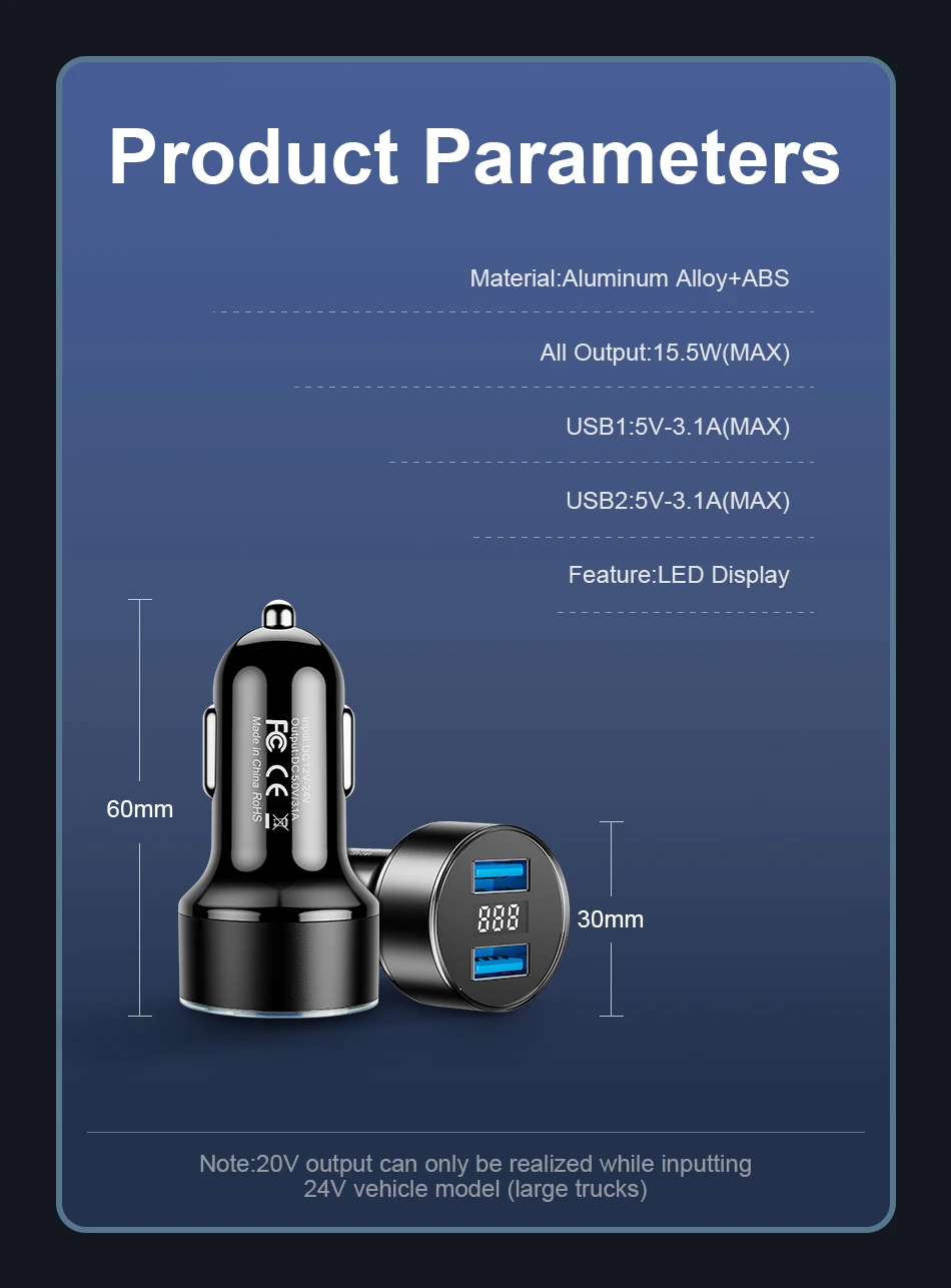 USB Автомобильное зарядное устройство, быстрое зарядное устройство 3,0 для мобильного телефона, Универсальный двойной USB адаптер, цифровой дисплей, зарядное устройство для телефона для samsung Xiaomi