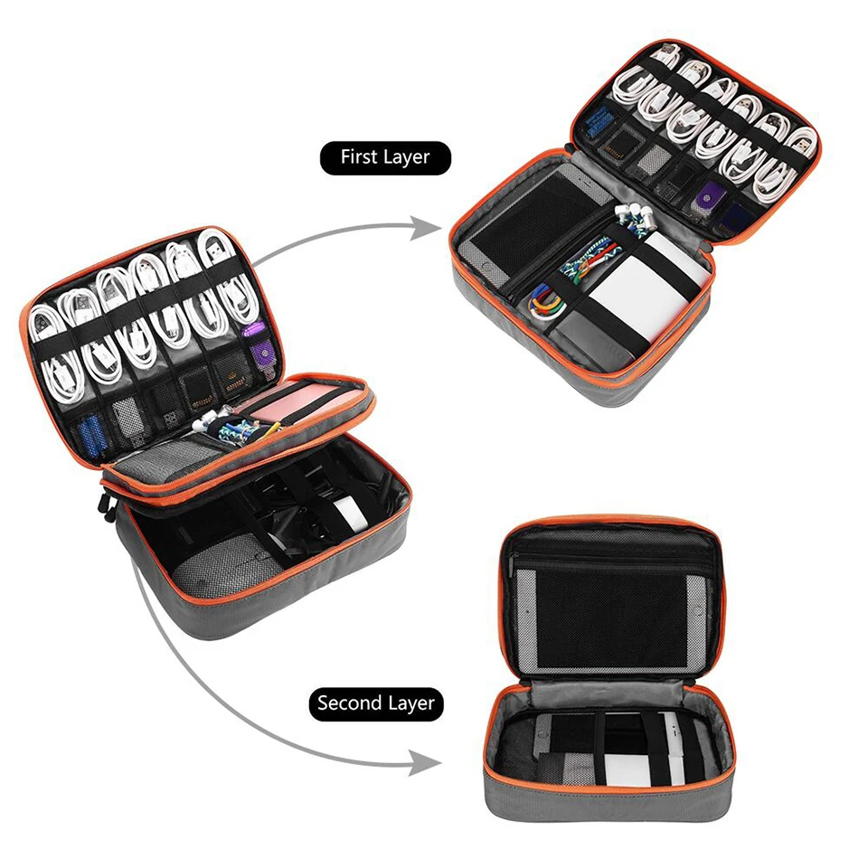 Двойной слой электронных аксессуаров Сгущает кабель Органайзер сумка Портативный чехол для жестких дисков, кабелей, зарядки, Kindle, iPad mini