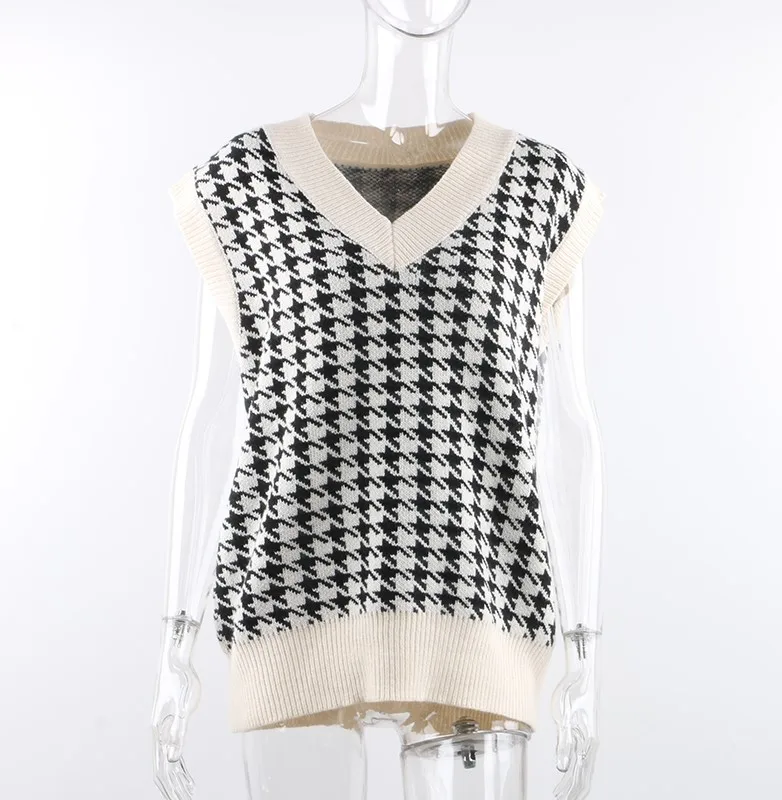 Cardigan gilet scollo a v pied de poule bianco e nero donna maglione  lavorato a maglia senza maniche sciolto moda pullover casual autunno  inverno 2021| | - AliExpress