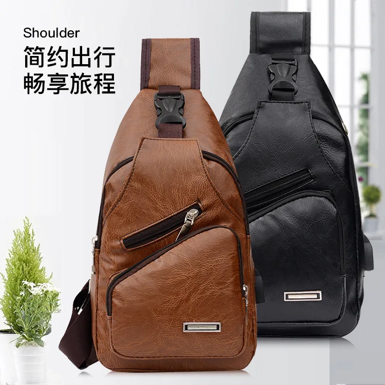 

New Style Soft Pu Retro Men Chest Bag Simple Solid Color USB Charging Sling Bag