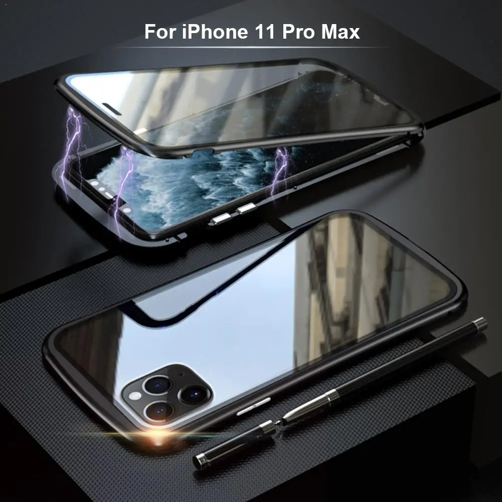 Магнитный адсорбционный Чехол для мобильного телефона IPhone 11 Pro Max металлическая рамка двойное закаленное стекло покрытие магнитное притяжение - Цвет: Черный