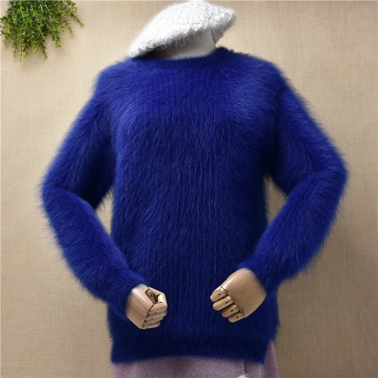 

ladies women fashion blue hairy plush mink cashmere knitted long sleeves split loose pullover angora fur jumper sweater pull top