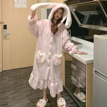 Women Winter Nightgowns Thick Coral Velvet Kawaii Rabbit Ears Pocket Soft Girl Homewear Sweet Femme Plush Sleepshirts Nightdress