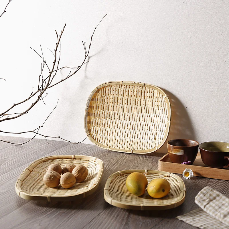 

Handmade Bamboo Weaving Storage Basket Fruit Dish Rattan Bread Food Picnic Sundry Container Japanese Style Panier Osier