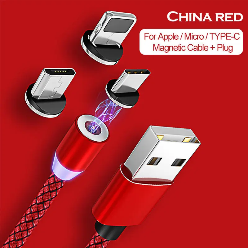 Red For 3 Plug Магнитный usb-кабель для быстрой зарядки USB type C, магнитный светодиодный кабель для зарядки 1 м 2 м, кабель Micro usb для мобильного телефона, usb-кабель - Цвет: Red For 3 Plug