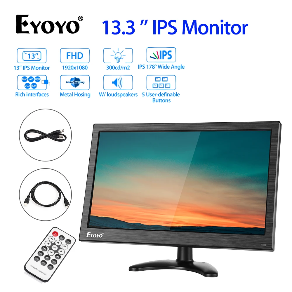 

Eyoyo EM13Y 13.3" LCD FHD 1080P Monitor Mini TV Computer Display Color Screen AV BNC USB Security Monitor With Speaker VGA HDMI