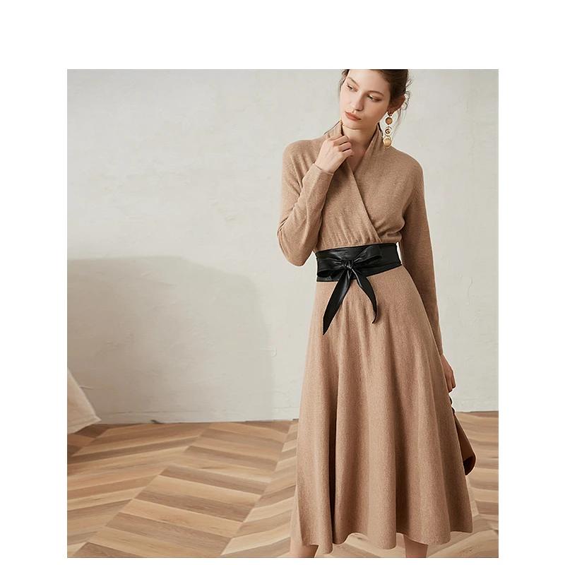 Шерстяное вязаное женское платье с длинным рукавом, шерстяное платье средней длины, 3 цвета, модный стиль, осень, новая мода
