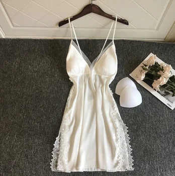 

Lace Deep V-neck Nightdress Sexy Nightgowns Sleepwear Women Sleeveless Nightwear Faux Silk Satin Nightshirt